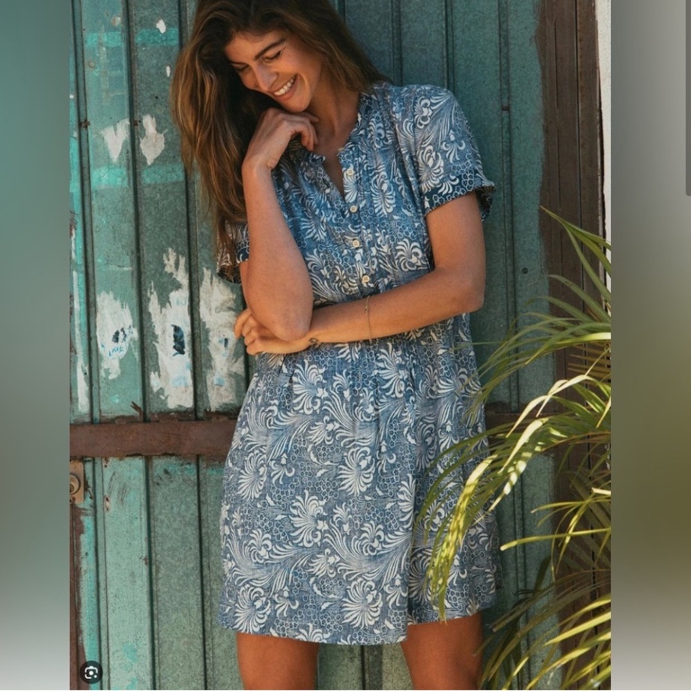 Faherty Brand Gemina Linen Blend Dress Blue Kyoto Blossom Floral S